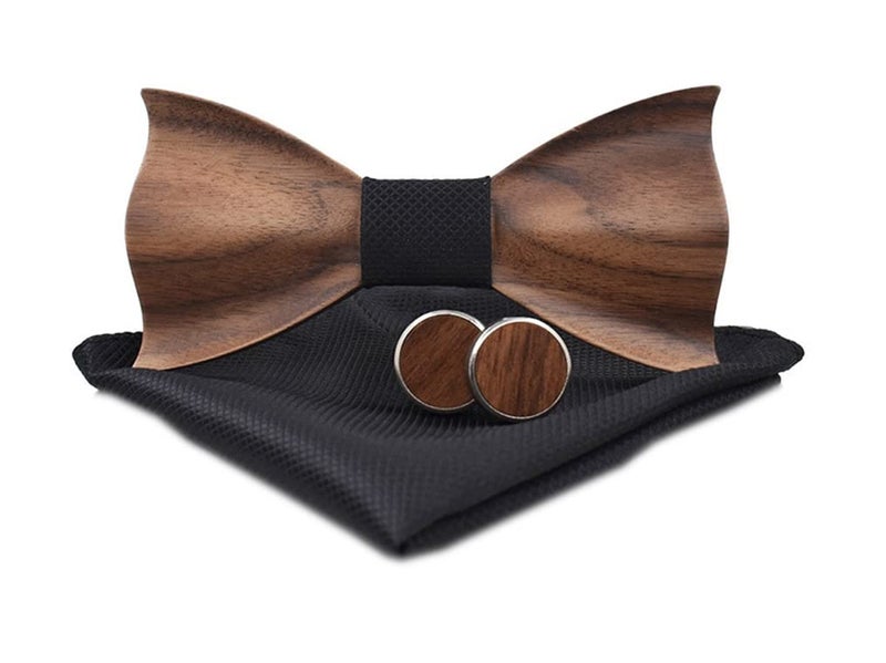 Secdtie Pre-Tied Wood Bow Ties Set for Men Big Boys with Matching Pocket Square Cufflinks Lapel Flower Brooch Set Gift Box (One Size, Set 15) - Image 1